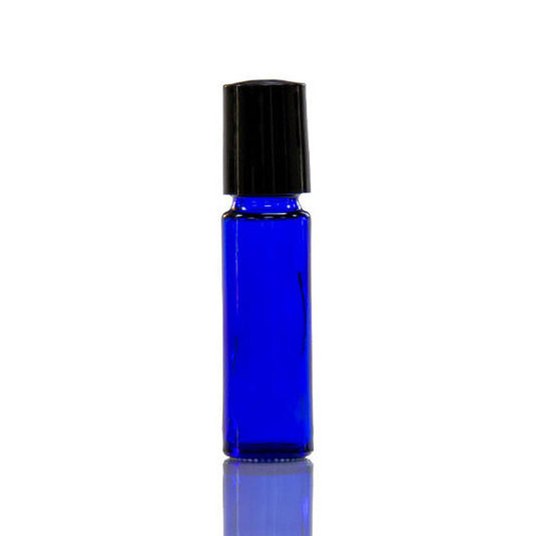 blue roll on bottle with black lid