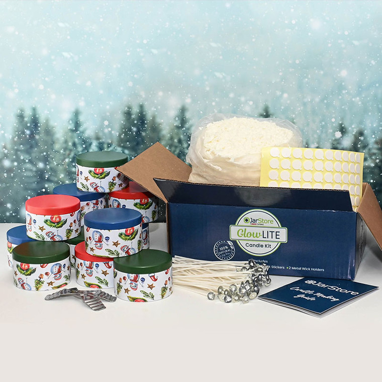 Candle making kit for the holiday with cute snowman tins